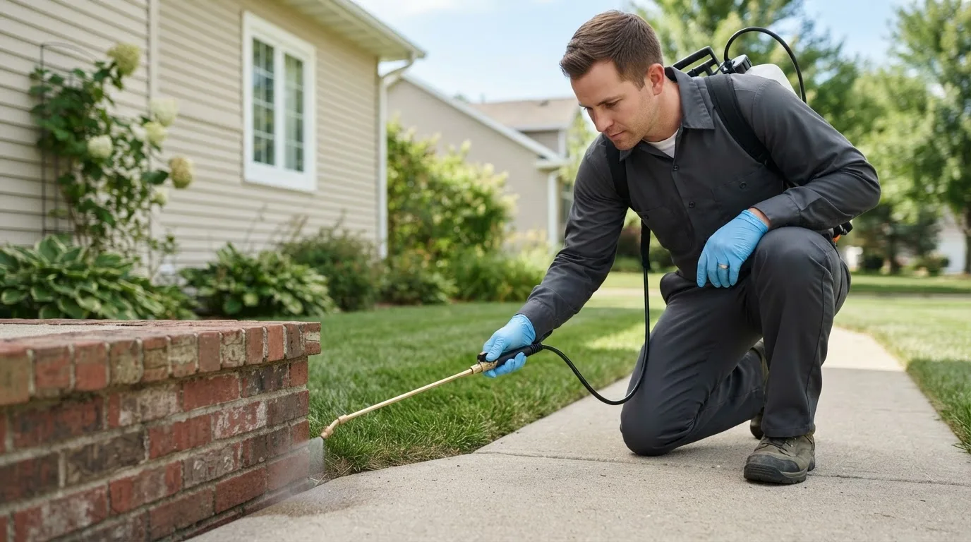 Pest control technician treating a home near Kingsburg, CA